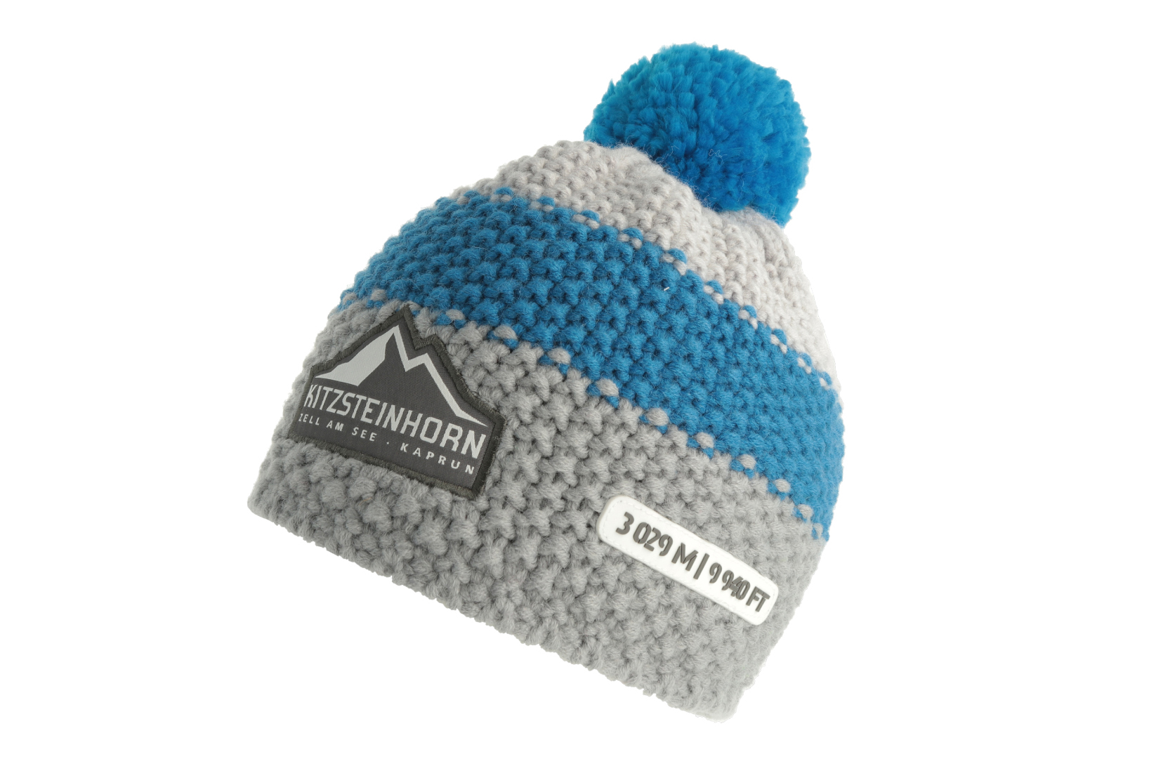 Mössa med pompom 7680 – Fram: vävd patch